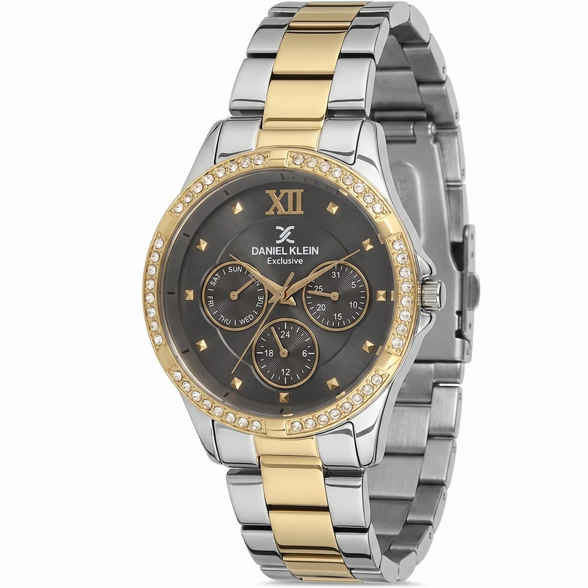 Daniel Klein two-tone watch at angle showing three subdials and diamond-set bezel