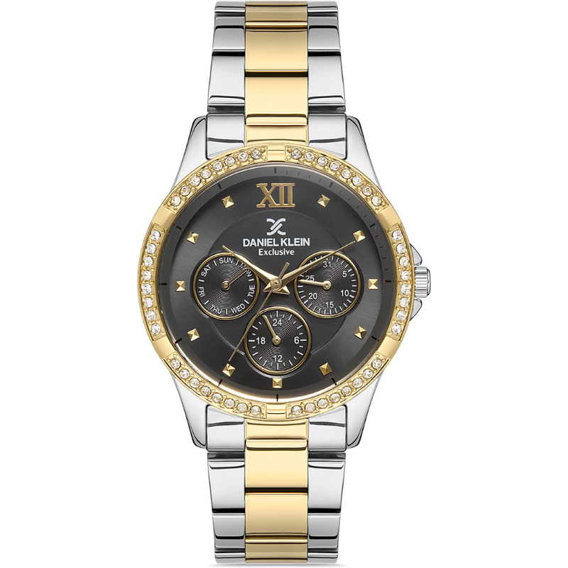 Daniel Klein Exclusive multifunction watch with black dial, diamond bezel, and two-tone bracelet