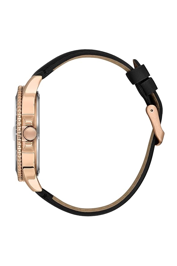 Side view of Daniel Klein Premium rose gold watch with black leather strap and buckle