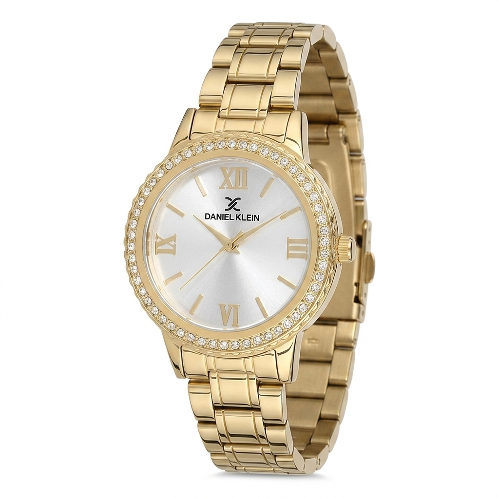 Daniel Klein classic gold watch with white dial, crystal bezel, and Roman numerals