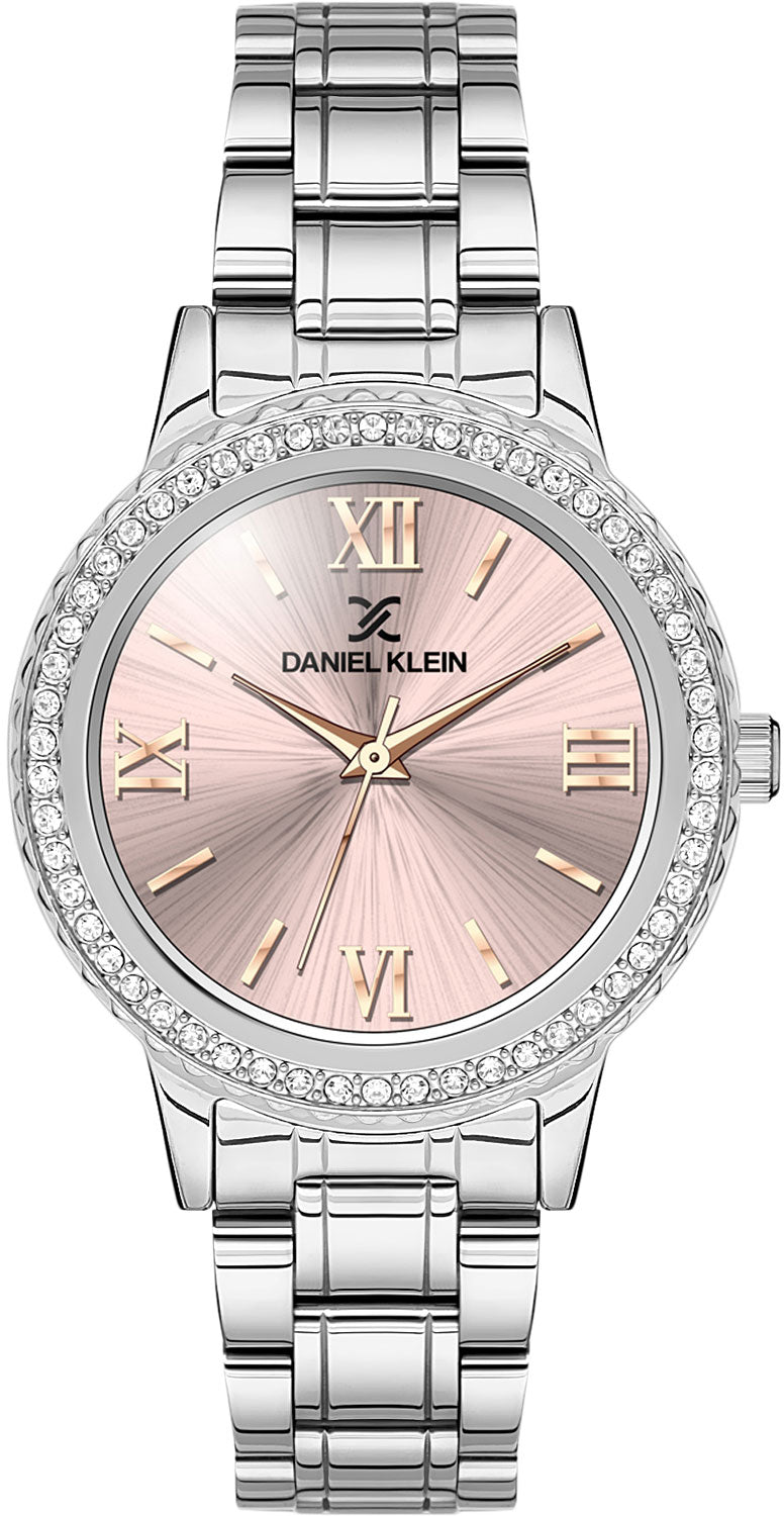 Full front view of Daniel Klein pink dial watch with crystal bezel and silver metal band