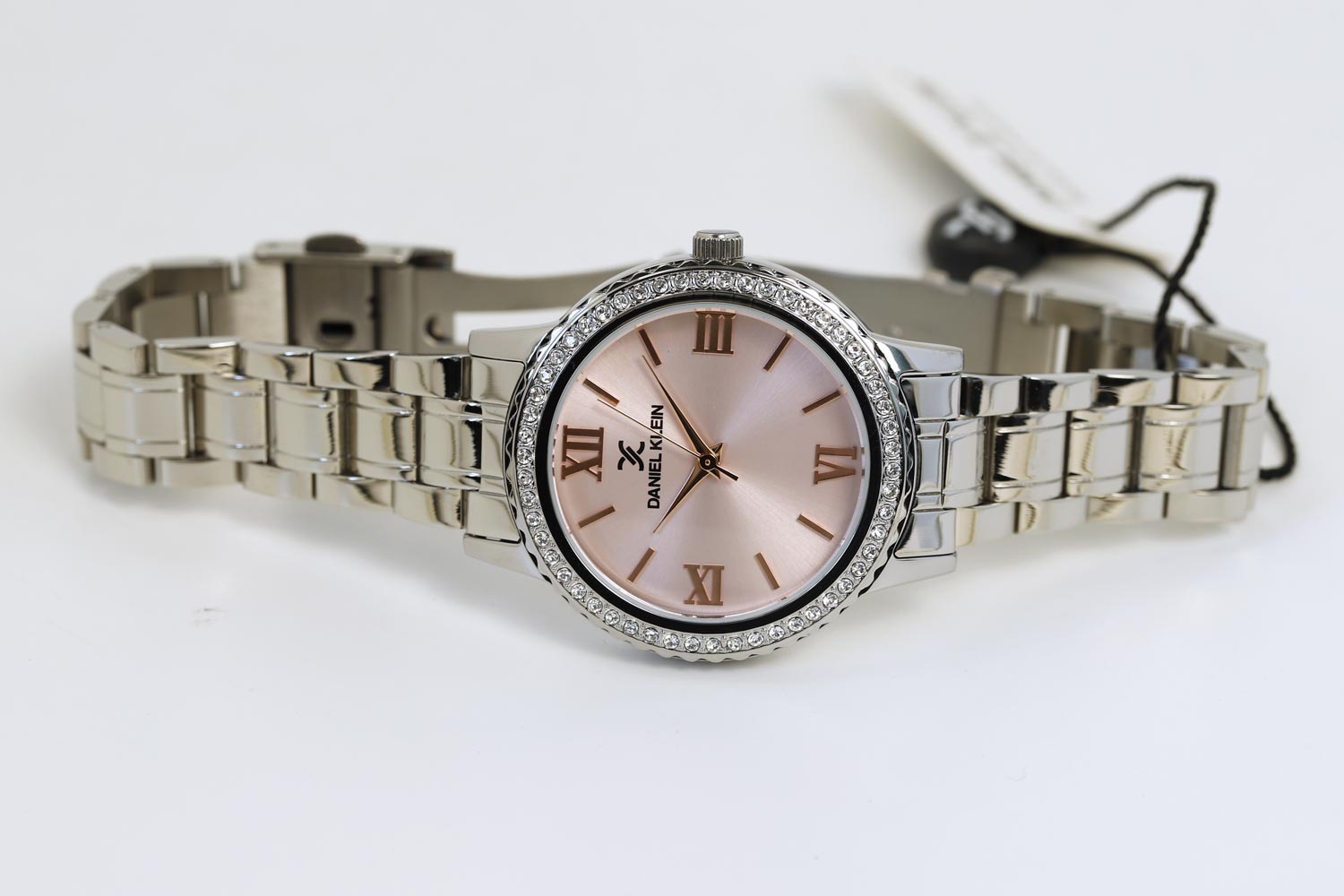 Side profile of Daniel Klein watch showing case depth and link bracelet structure