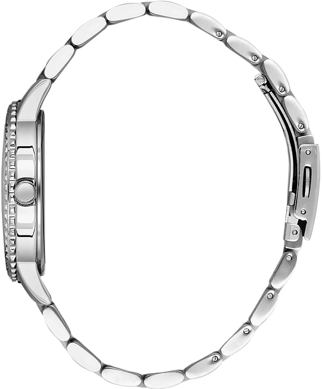 Daniel Klein watch bracelet shown from above displaying silver-tone link band
