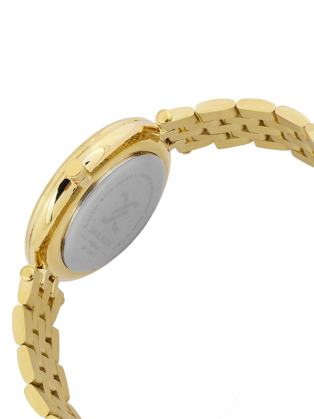 Daniel Klein gold women's watch showing articulated gold-tone stainless steel bracelet