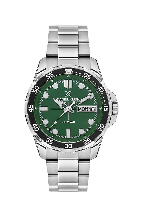 Daniel Klein DK.1.13884-2 premium watch front view with green dial and silver steel bracelet