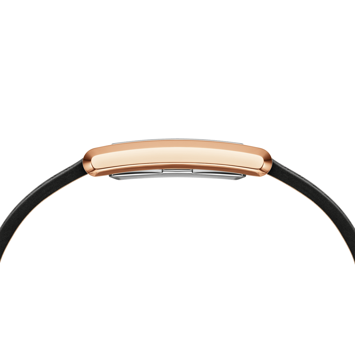 Angled view of Daniel Wellington Bound showing rose gold case and black strap profile