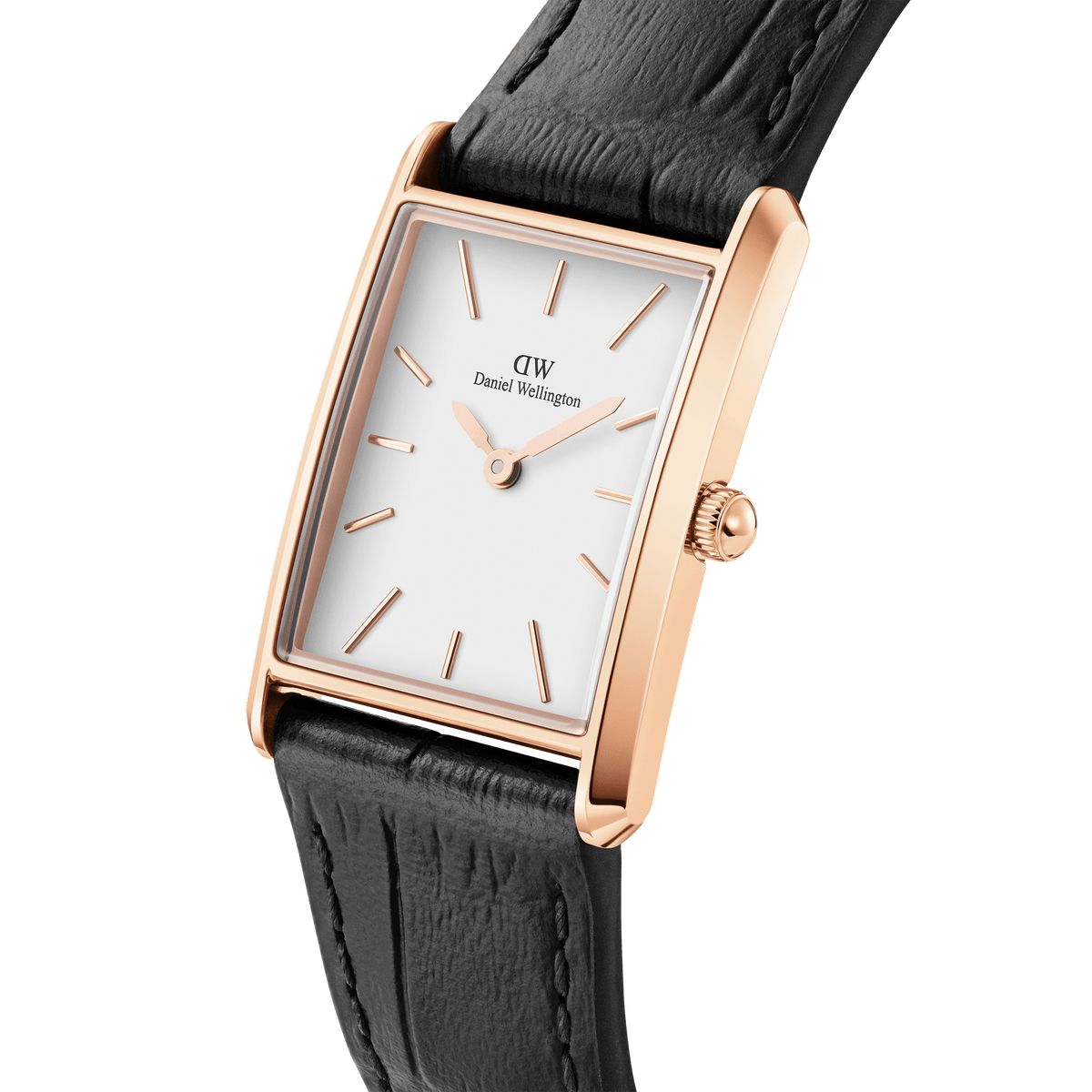 Side view of Daniel Wellington Bound rose gold watch with black crocodile strap