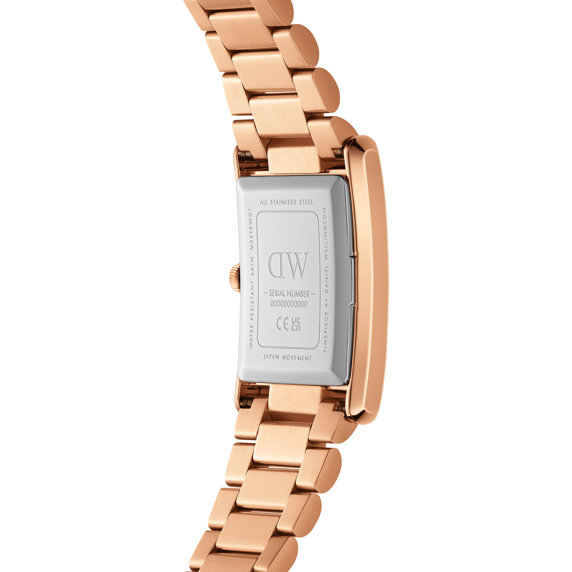 Daniel Wellington Bound rose gold watch caseback showing engraved branding and details