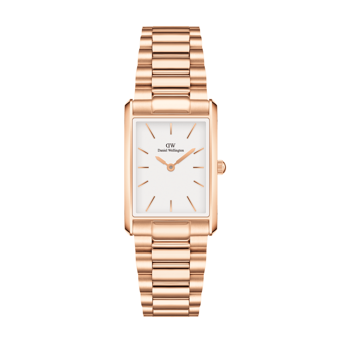 Daniel Wellington Bound rose gold watch with rectangular white dial and 3-link bracelet