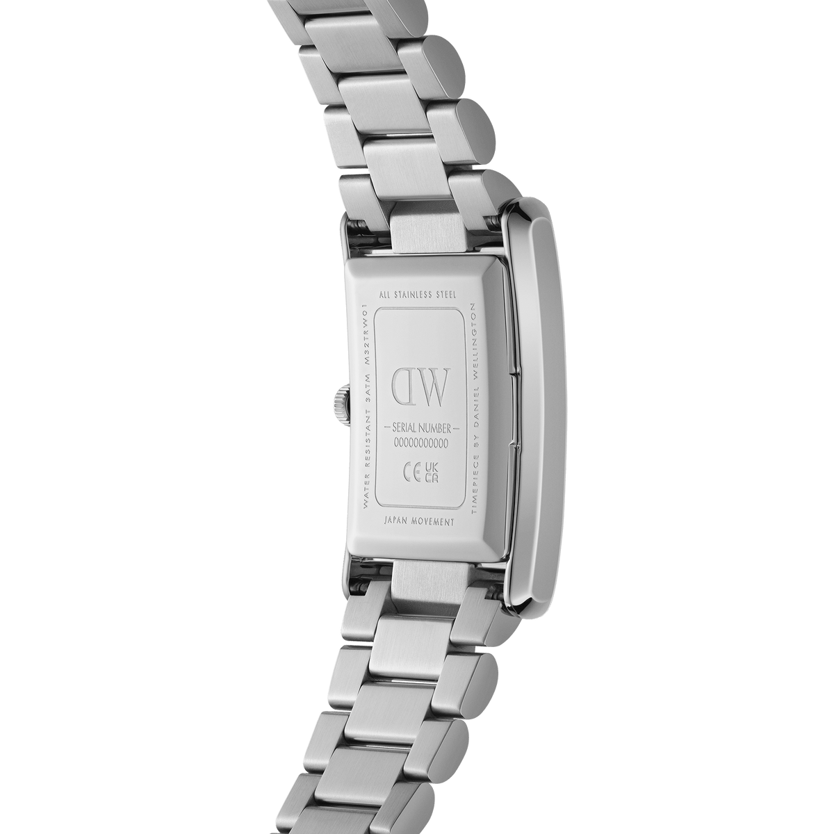 Caseback of Daniel Wellington The Bound Link showing stainless steel with branding