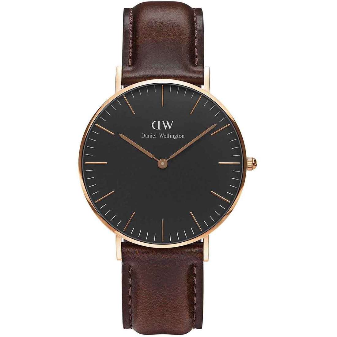 Daniel Wellington Bristol 36mm gold watch with black dial and brown leather strap