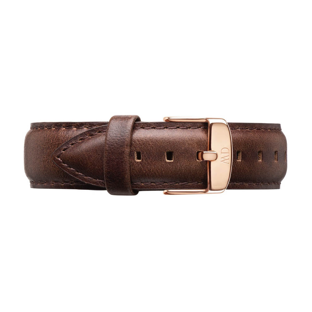 Dark brown genuine leather strap with rose gold buckle detail