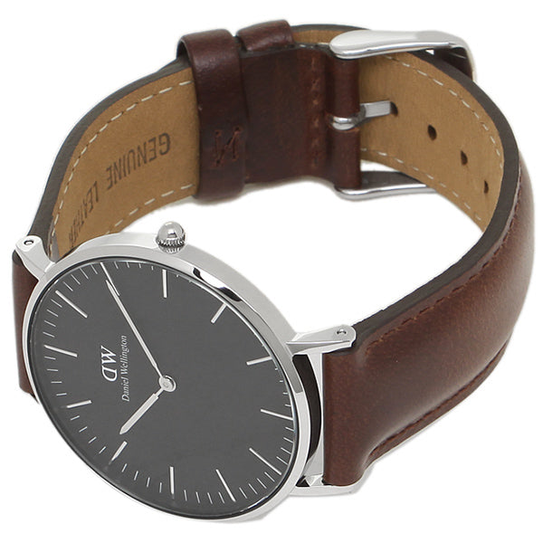 Daniel Wellington Bristol watch showing black dial and brown leather strap detail