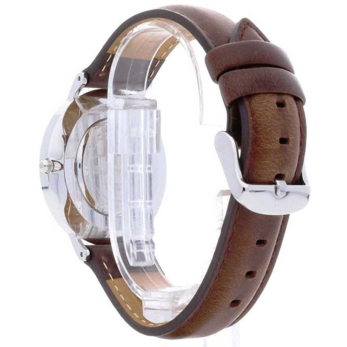 Daniel Wellington Bristol watch side view with brown leather strap and silver case back