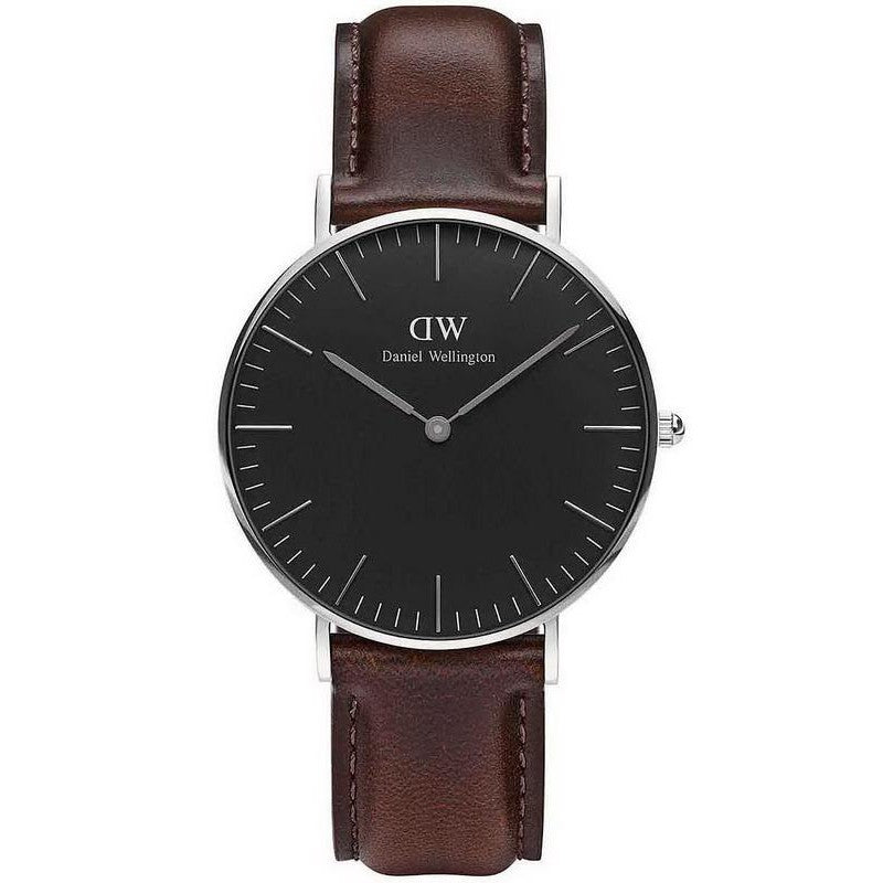 Daniel Wellington Bristol 36mm Black Dial Dark Brown Genuine Leather Silver Watch - DW00100143