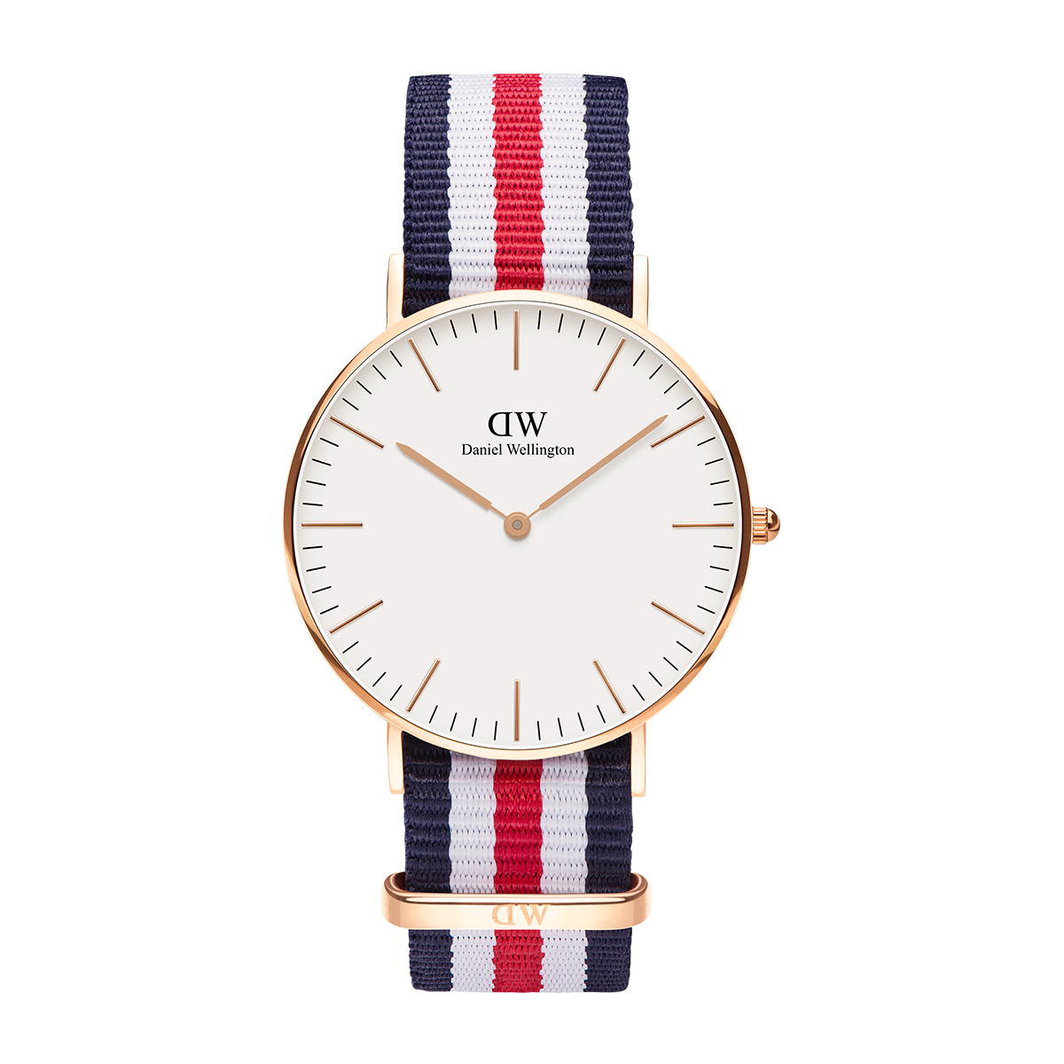 Front view of Daniel Wellington Canterbury 36mm gold watch with white dial and tricolour NATO strap