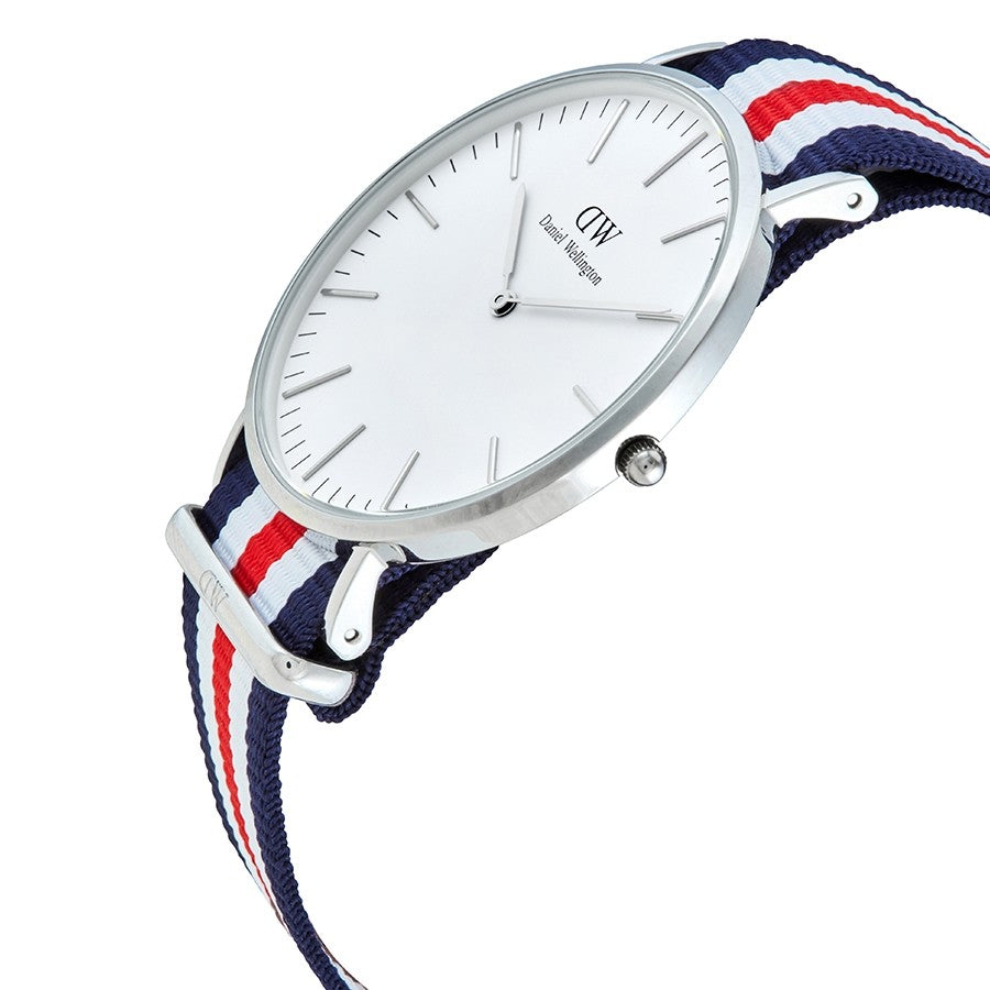 Daniel Wellington Canterbury 40mm watch angled view showing silver case and tricolour NATO strap