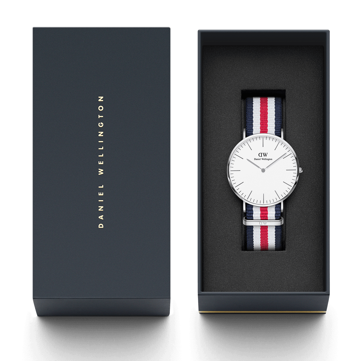 Daniel Wellington Canterbury watch in navy branded box with owner's guide and accessories