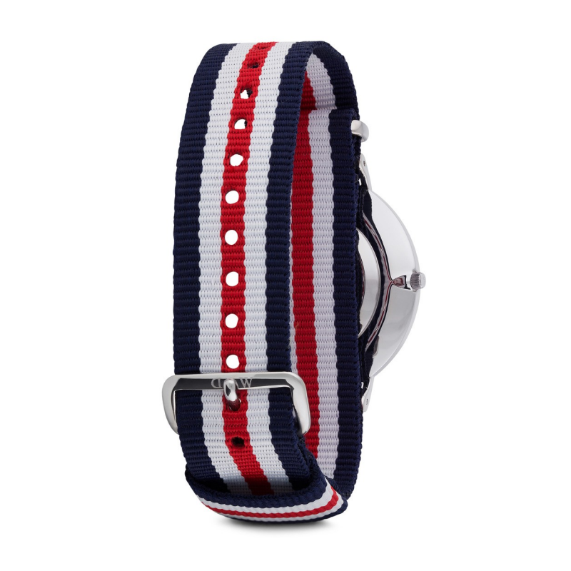 Daniel Wellington Canterbury 40mm watch side view of tricolour NATO strap with adjustment holes
