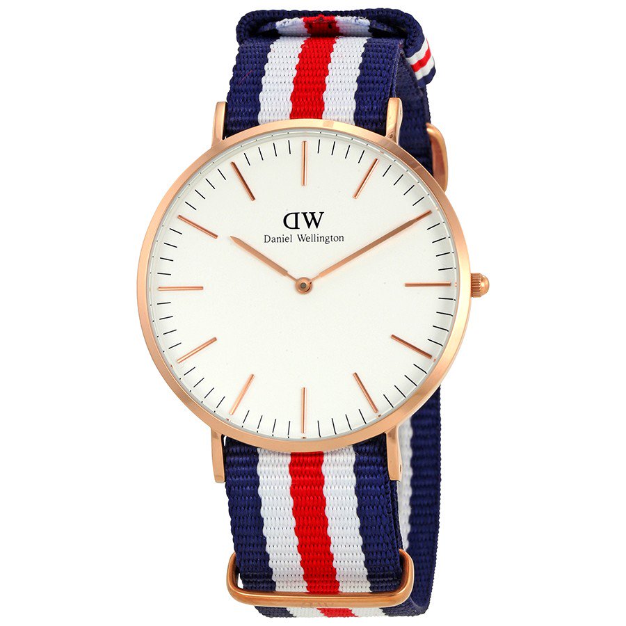 Canterbury 40mm gold watch at angle showing white dial and tricolour NATO strap