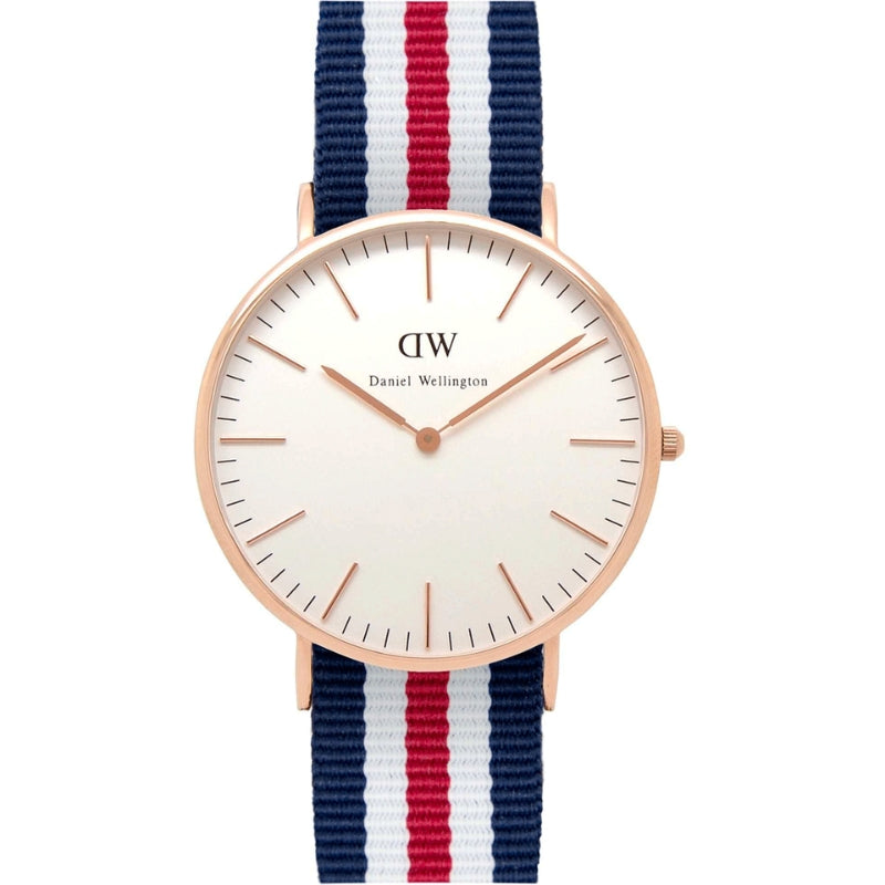Daniel Wellington Canterbury 40mm watch with white dial and tricolour navy, white, red NATO strap