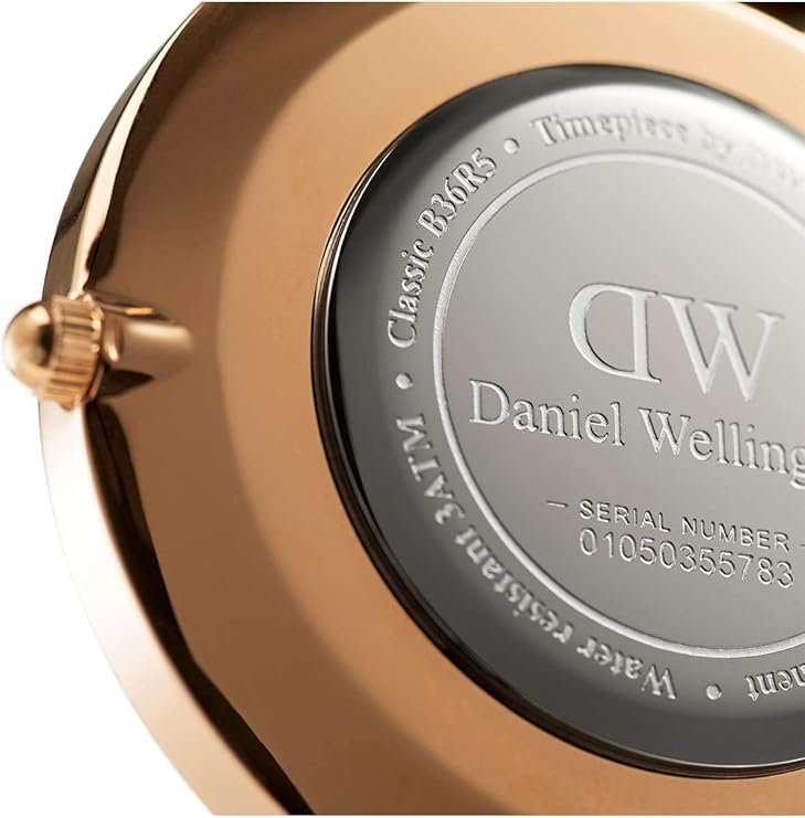 Case back of Daniel Wellington Classic Black Durham showing serial number and rose gold case