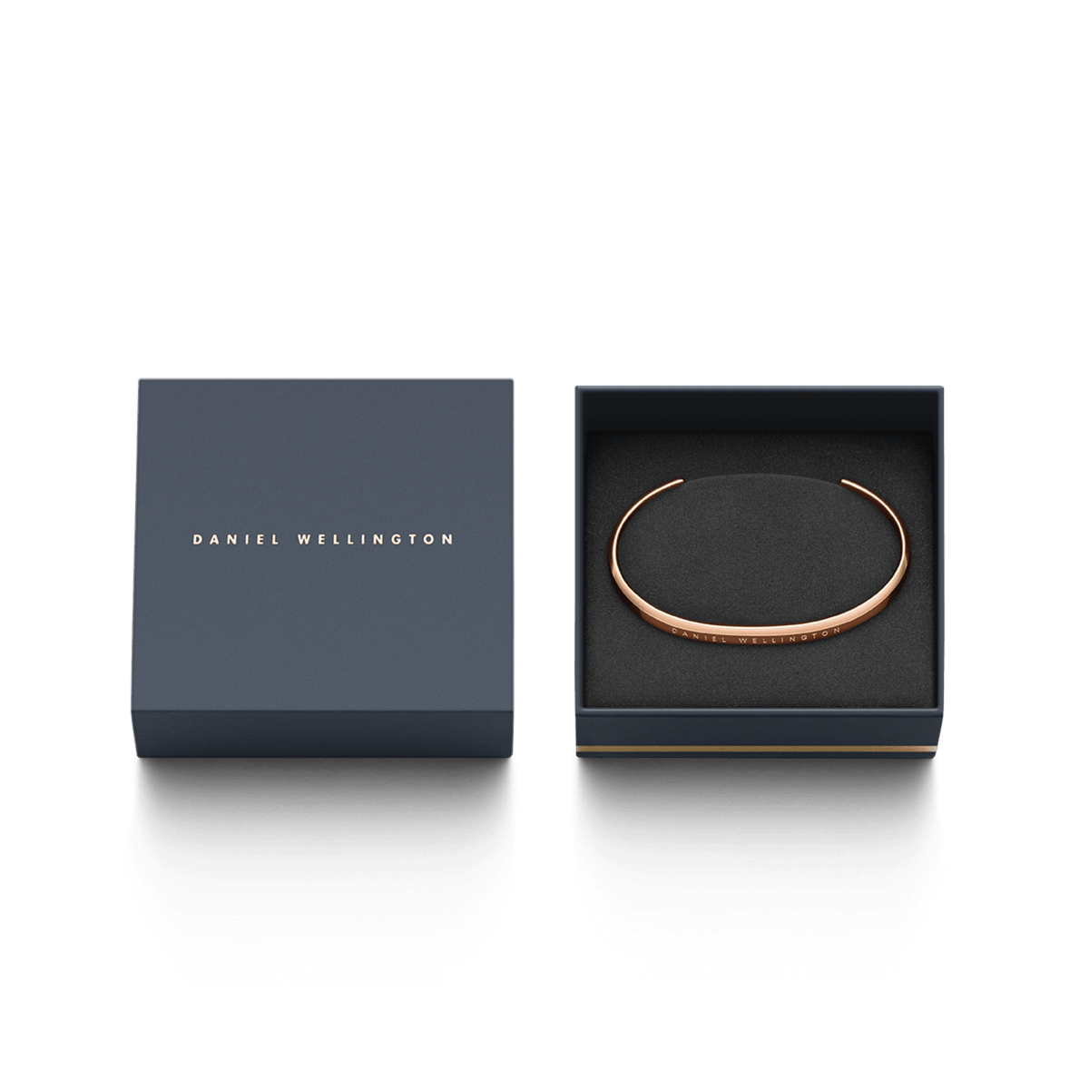 Daniel Wellington branded packaging box containing rose gold bracelet, shown open and closed