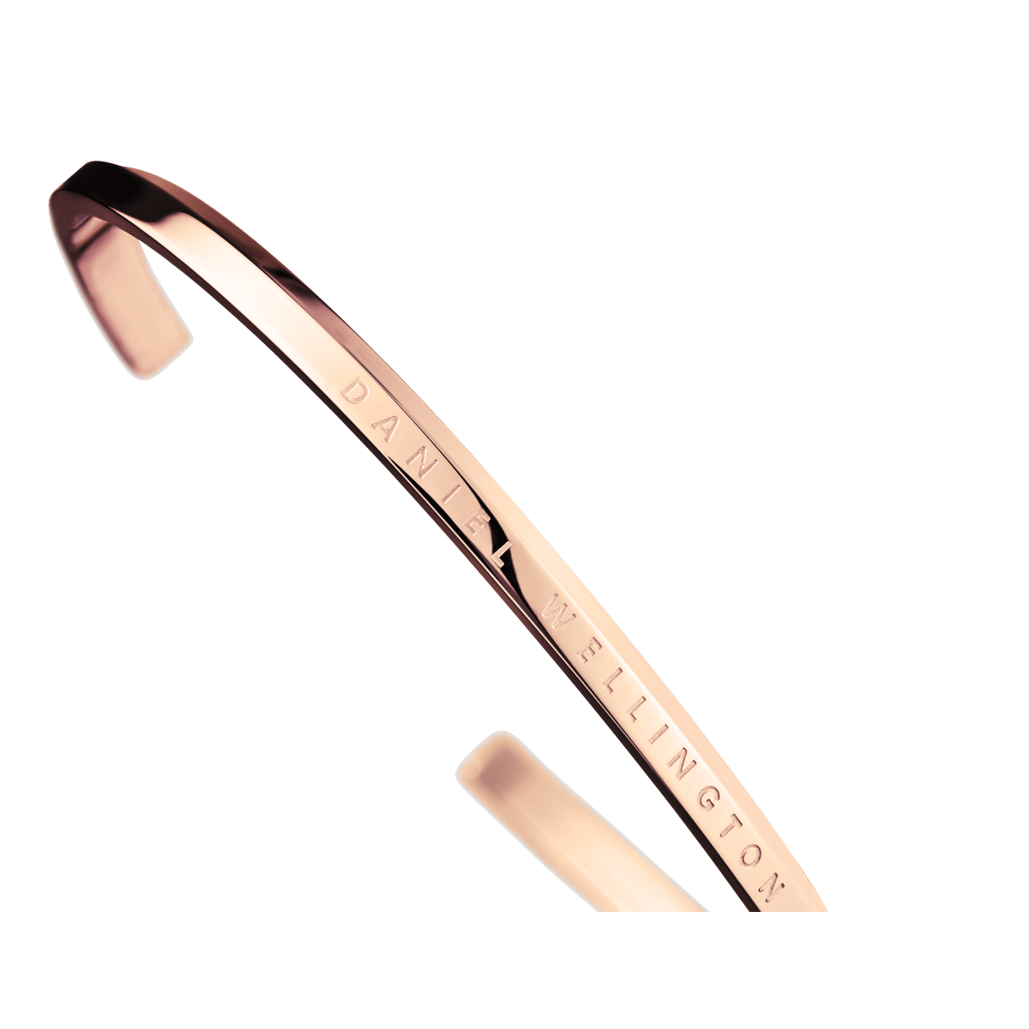 Side profile of rose gold bracelet displaying the smooth polished surface and cuff shape