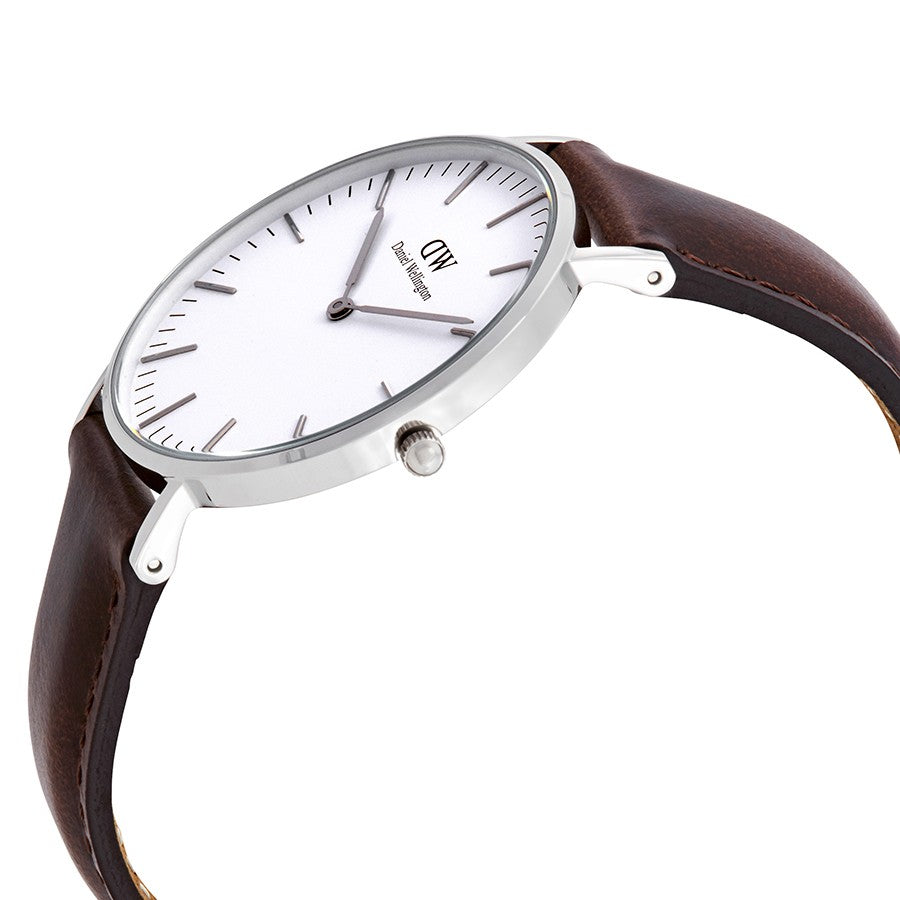 Side angle view of Daniel Wellington Classic Bristol showing silver case and dark brown genuine leather strap