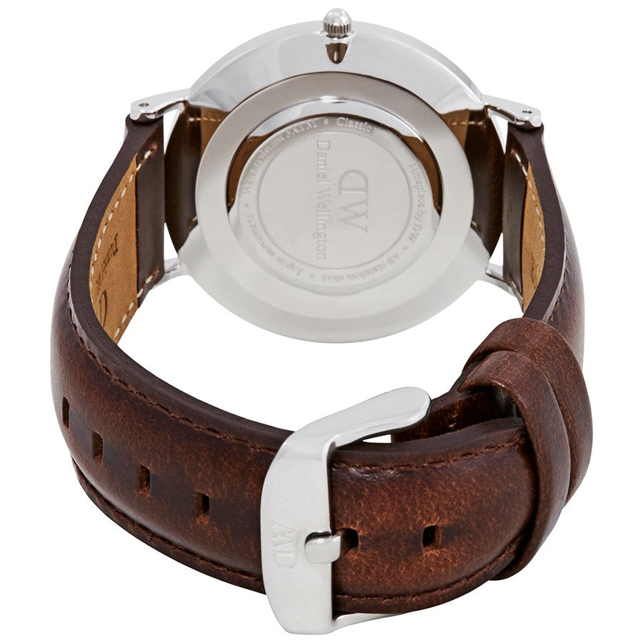 Daniel Wellington Classic Bristol caseback showing engraved DW branding and leather strap