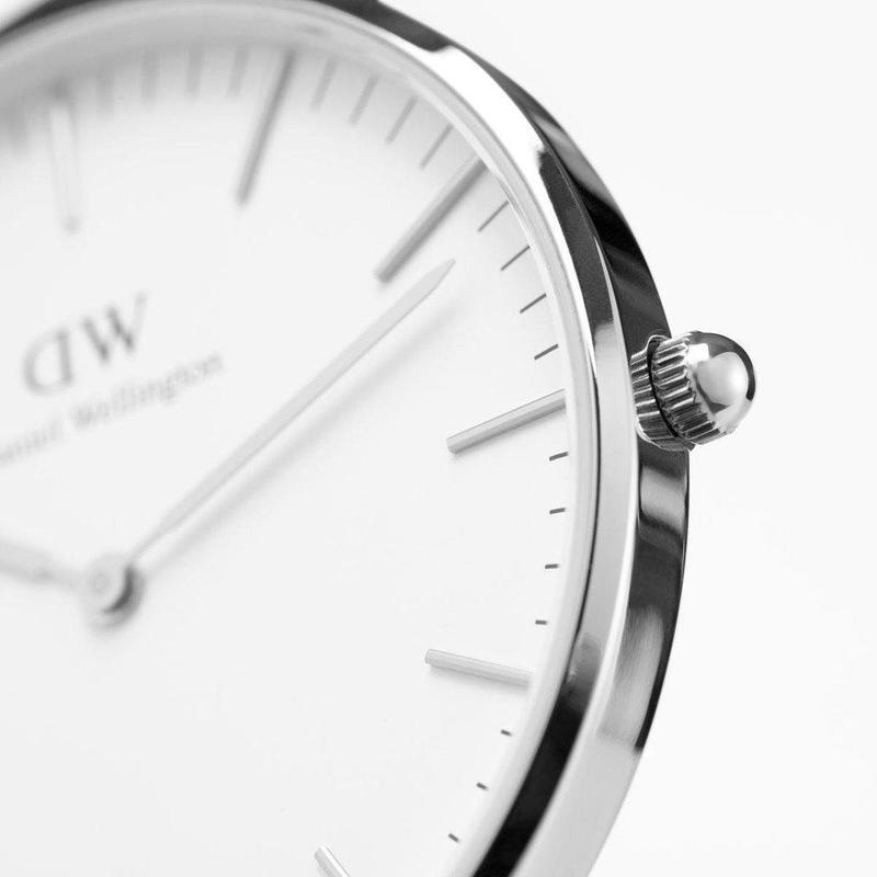 Side view of Daniel Wellington Classic Cornwall watch showing silver case and crown