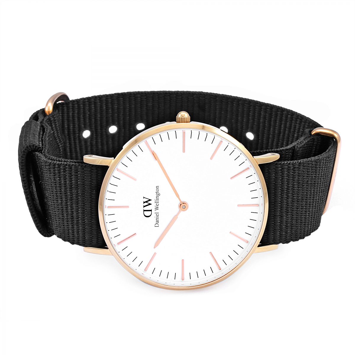 Daniel Wellington Classic Cornwall 36mm watch on wrist showing white dial and black NATO strap