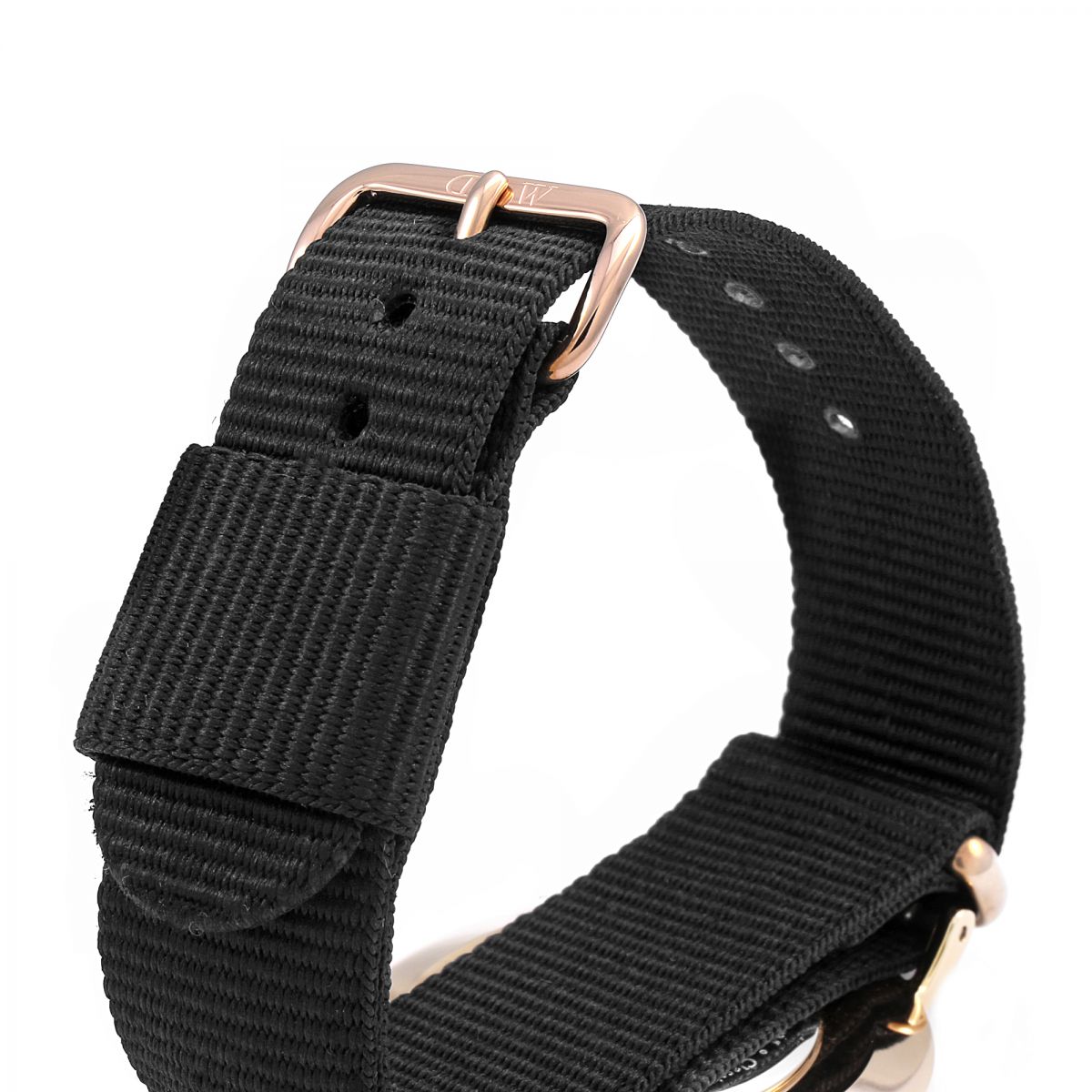 Daniel Wellington Classic Cornwall black NATO strap with rose gold hardware and adjustment holes