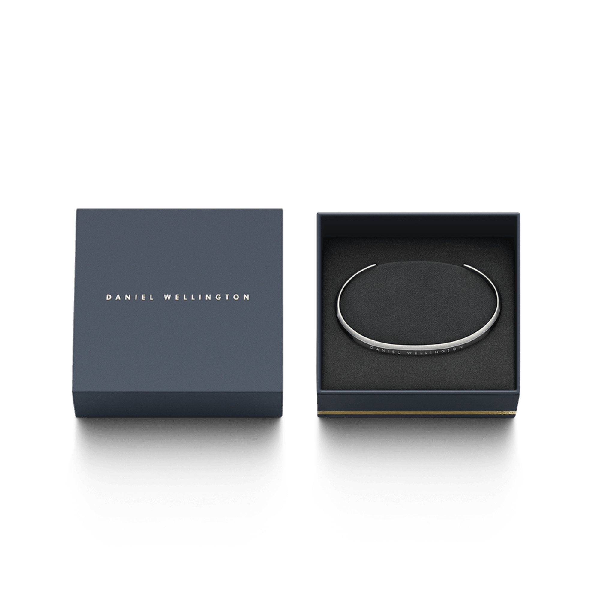 Daniel Wellington branded packaging box containing silver cuff bracelet