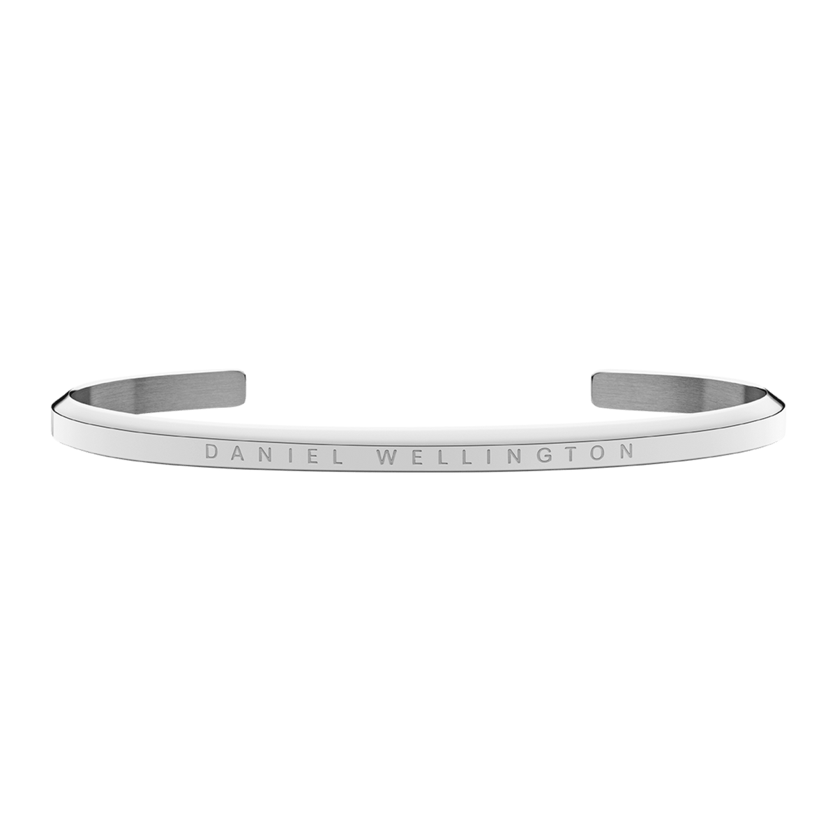 Daniel Wellington silver stainless steel cuff bracelet with engraved branding, viewed from above