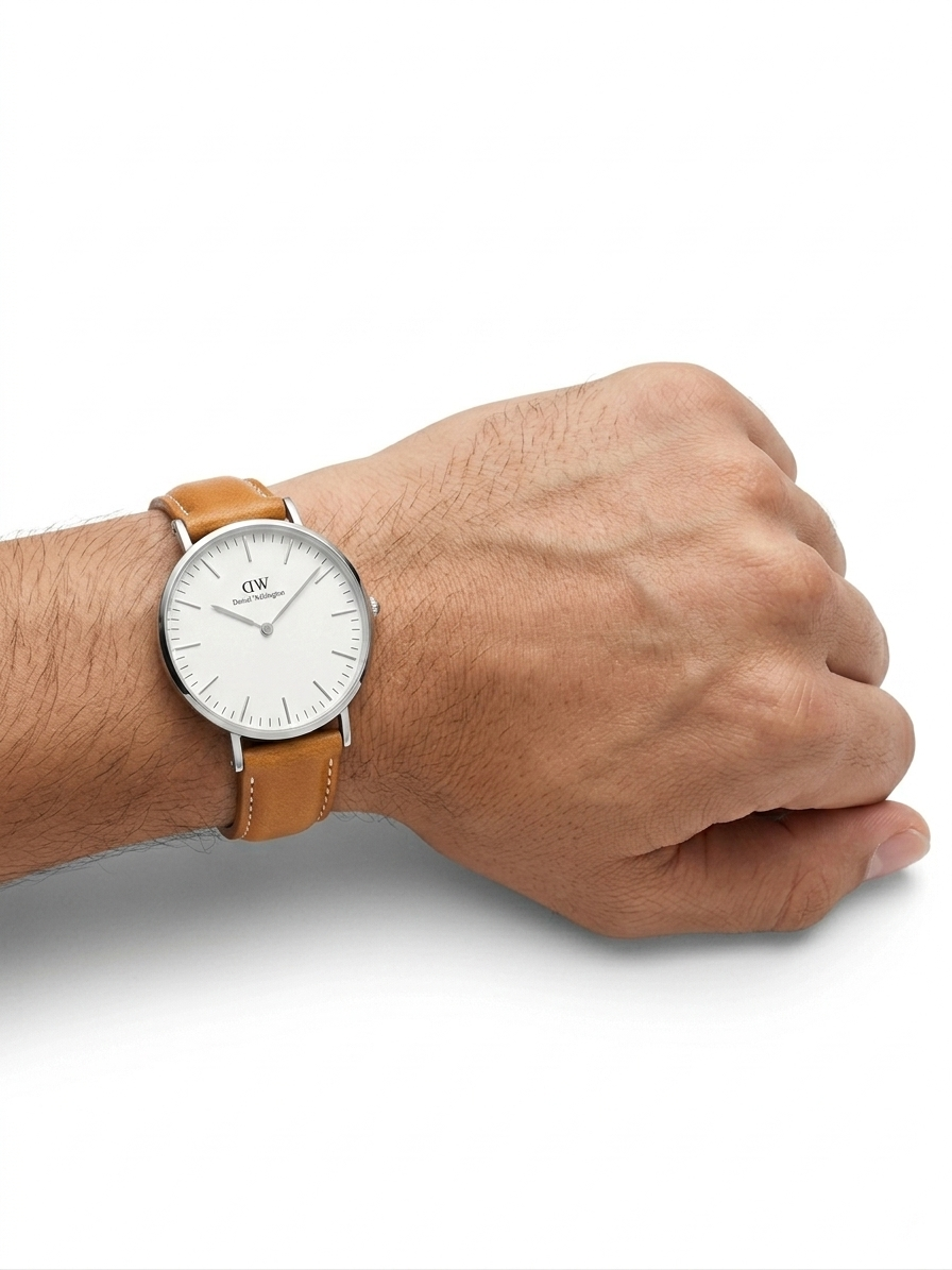 Daniel Wellington Classic Durham 36mm watch worn on wrist with tan leather strap