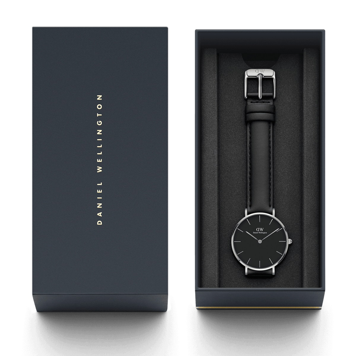 Daniel Wellington branded watch box with watch and strap inside