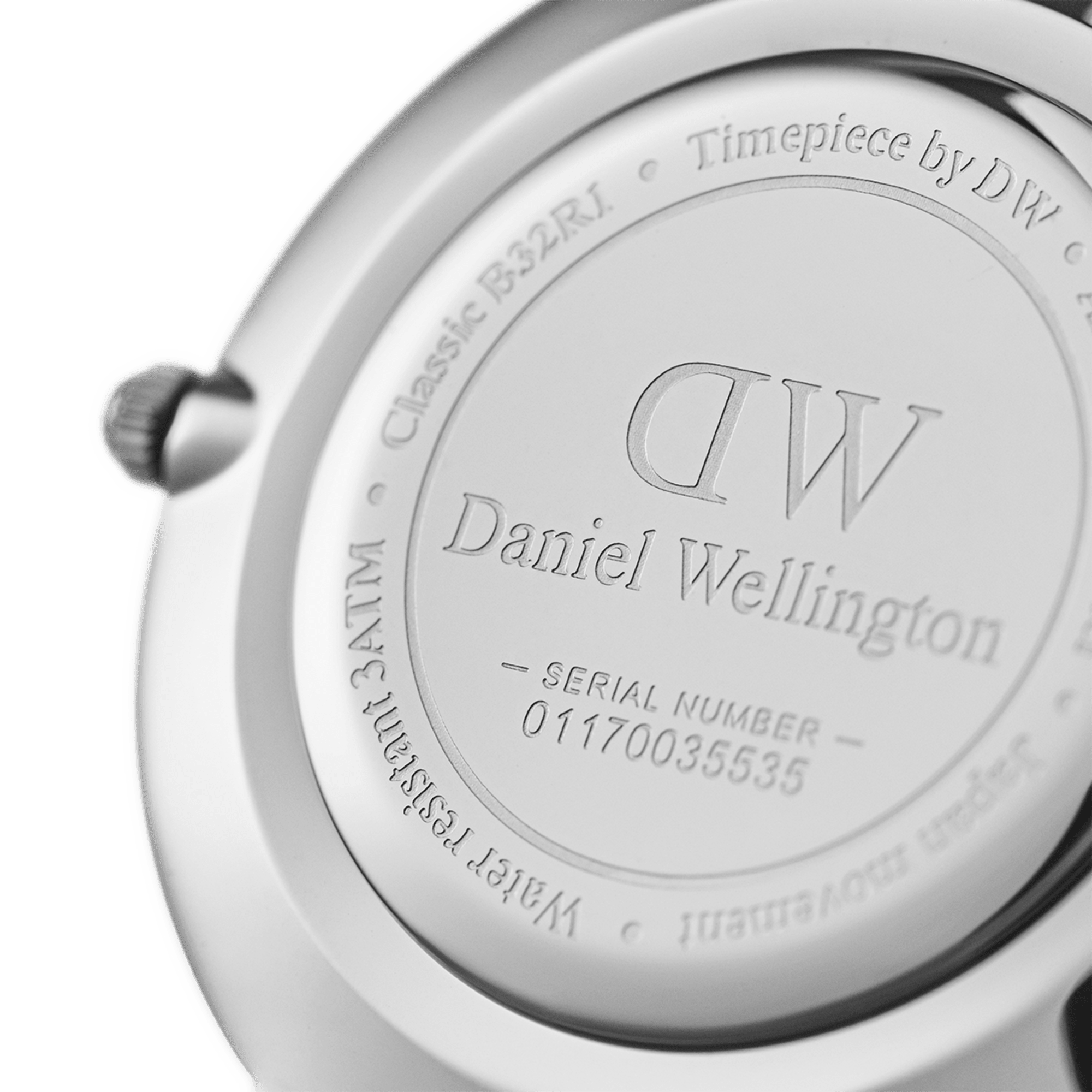 Case back with Daniel Wellington engraving and serial number