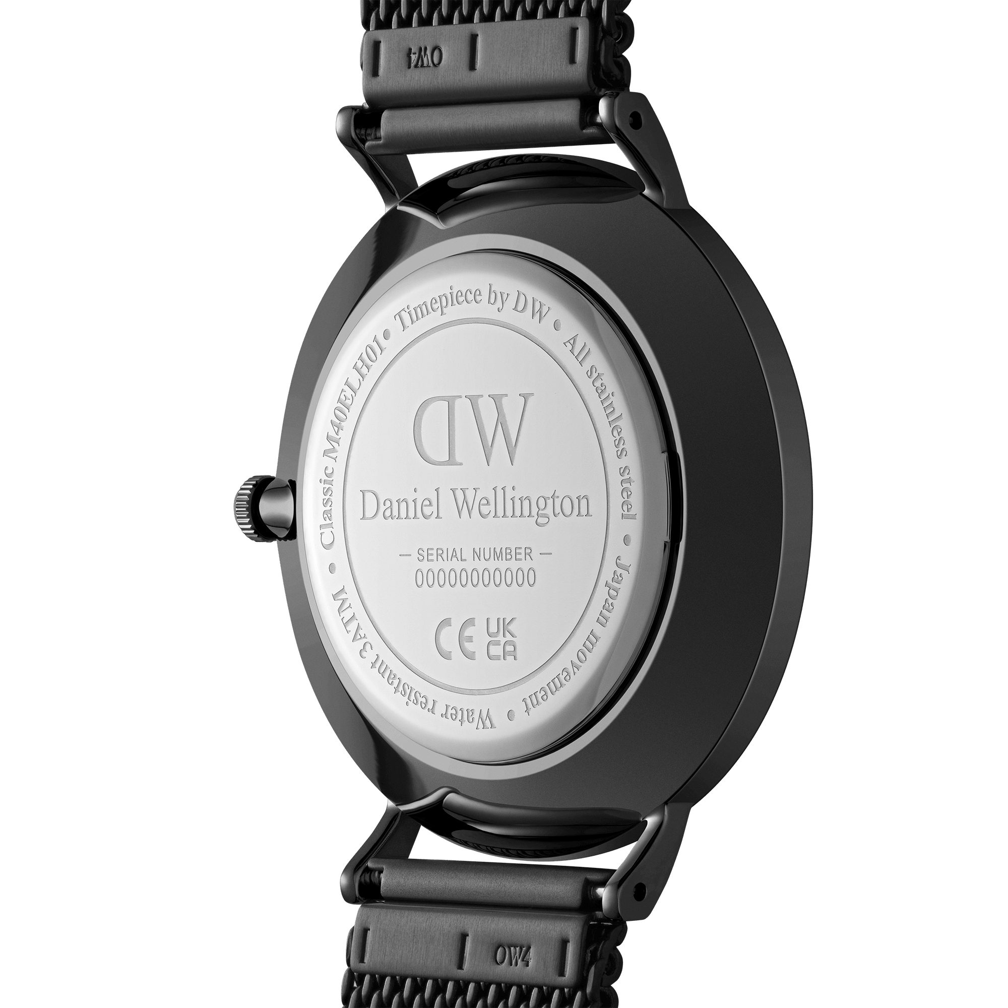 Daniel Wellington caseback showing serial number and branding details