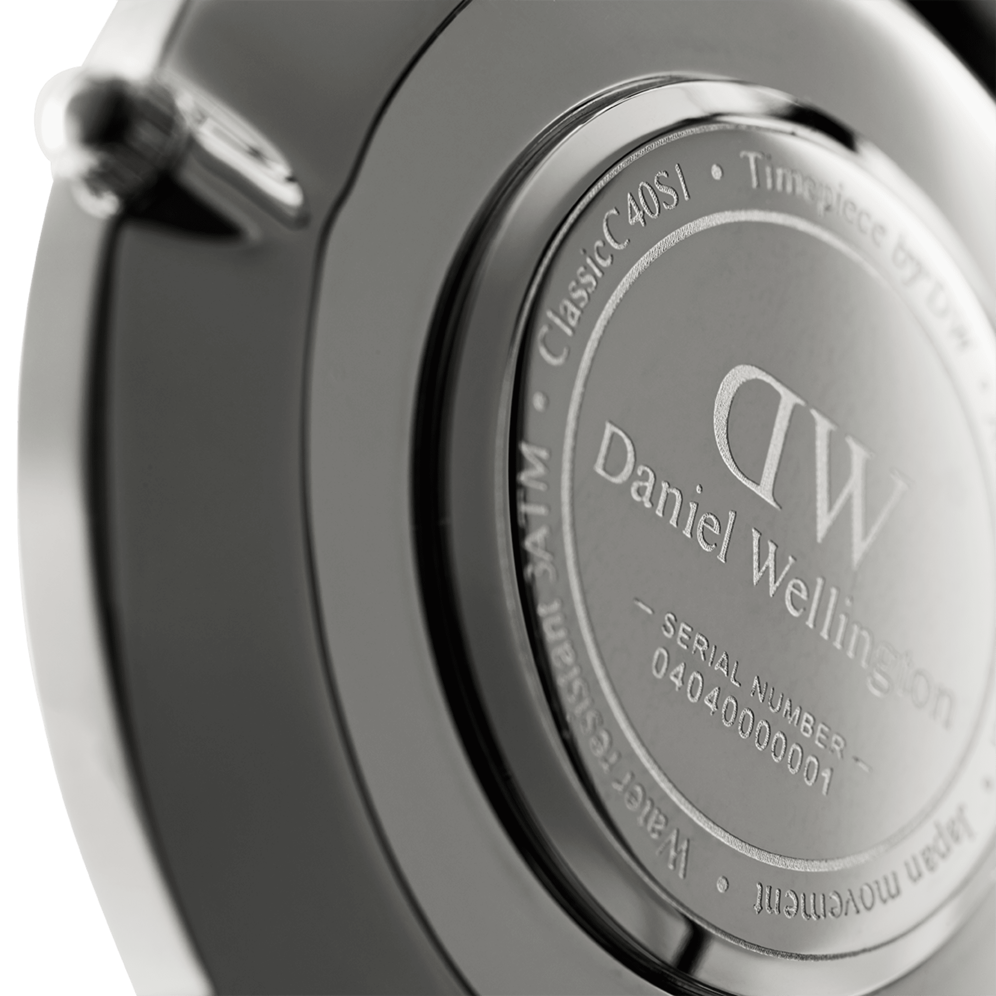 Silver caseback of Daniel Wellington Classic Oxford showing serial number DW00100046