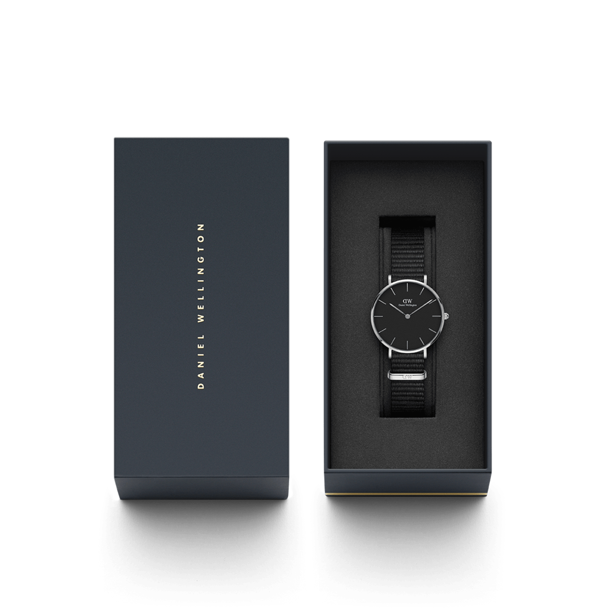 Daniel Wellington watch packaging showing presentation box with watch displayed inside