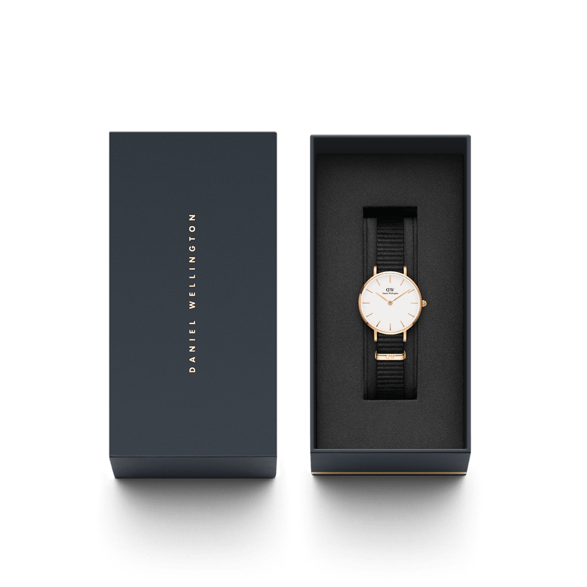 Daniel Wellington watch box and packaging with Classic Petite Cornwall watch displayed
