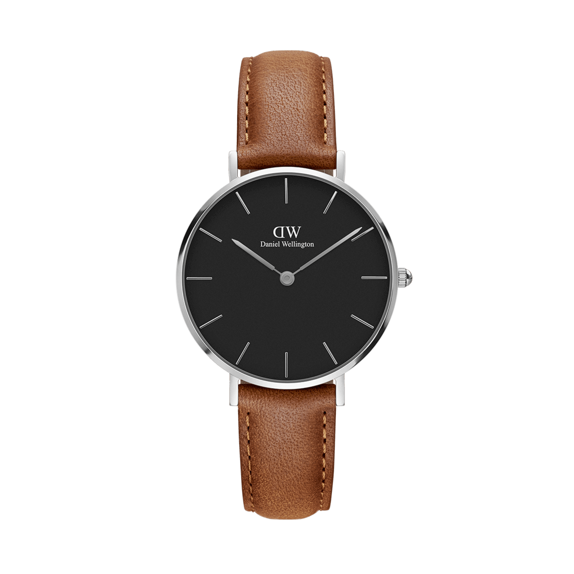 Daniel Wellington Classic Petite Durham 32mm watch with black dial and light brown leather strap