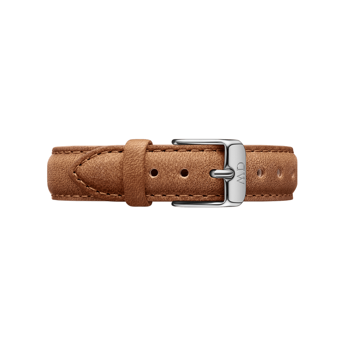 Light brown leather strap with white stitching and silver buckle