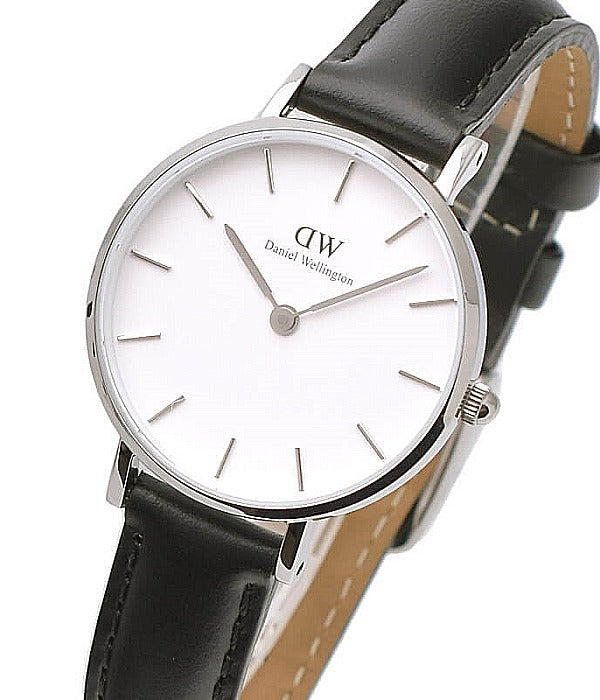 Daniel Wellington Petite Sheffield watch at angle showing white dial and black leather strap