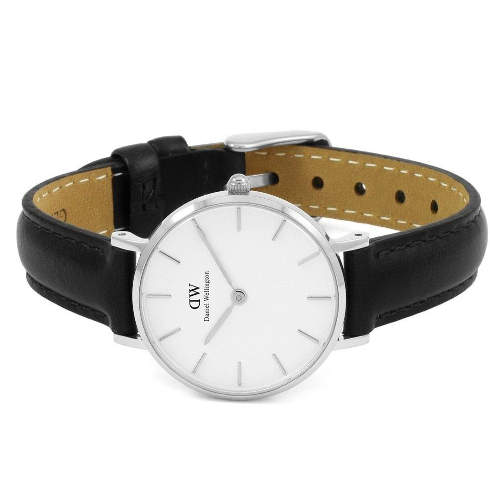 Daniel Wellington Classic Petite Sheffield watch worn on wrist with black leather strap