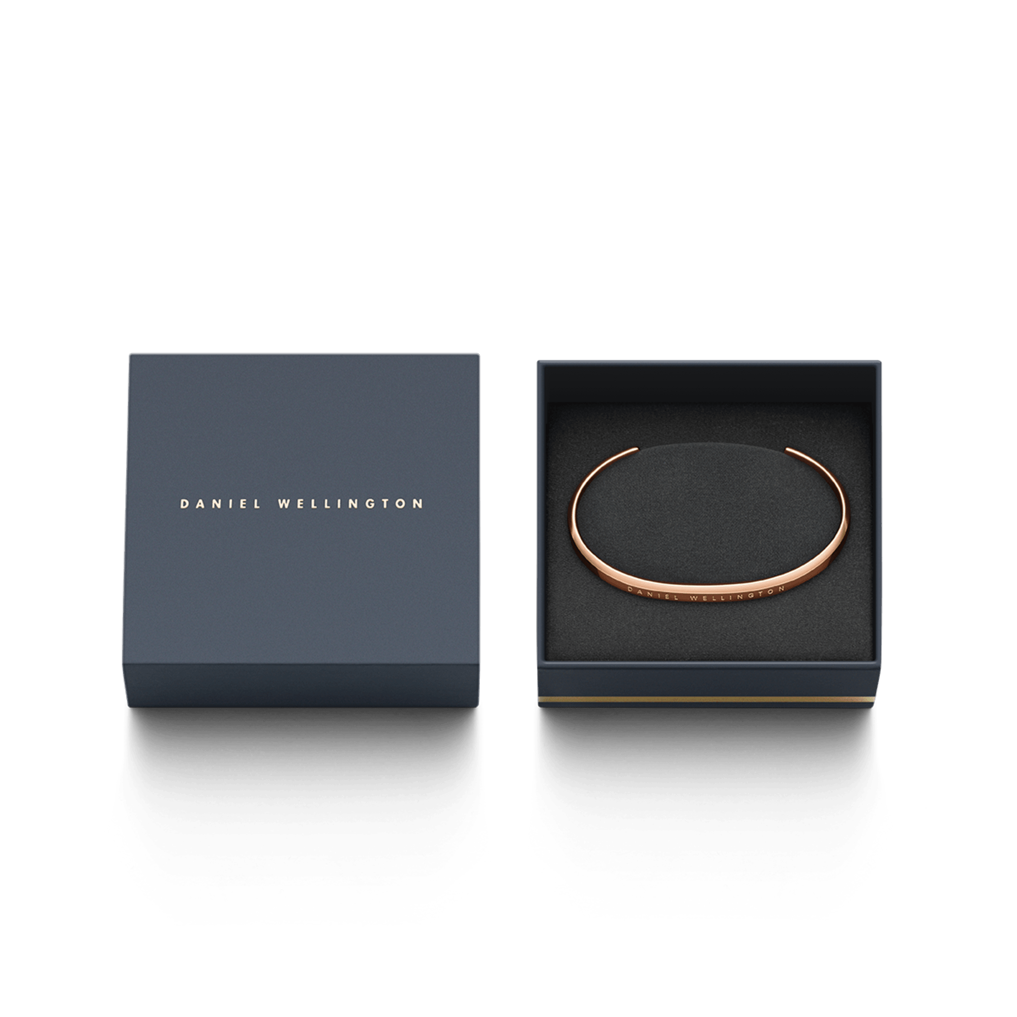 Daniel Wellington packaging showing product box with rose gold cuff inside