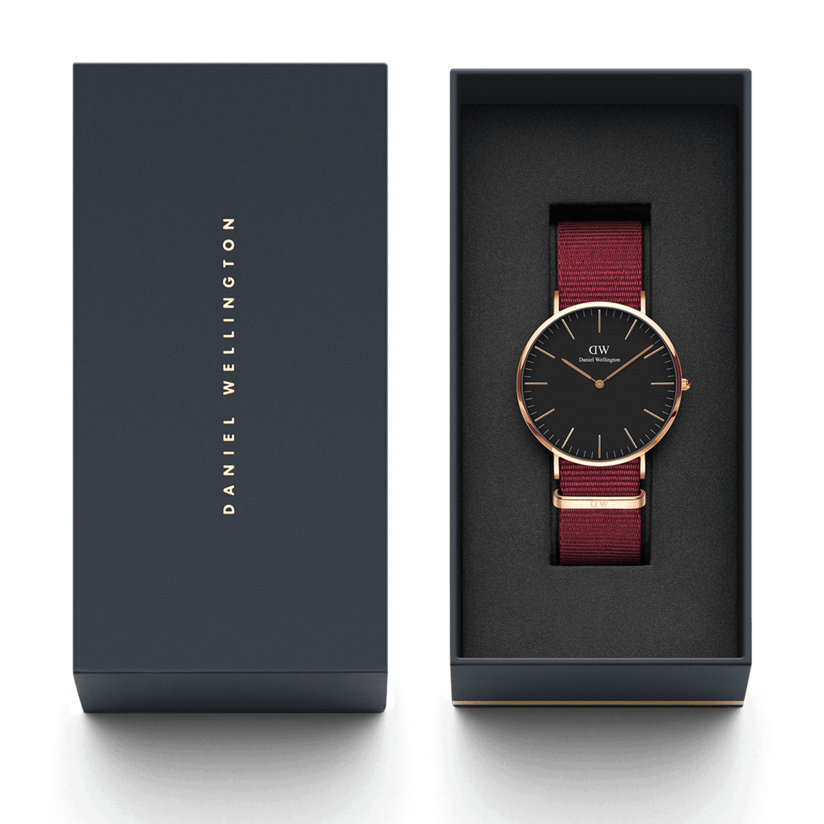 Daniel Wellington branded presentation box with watch displayed in packaging