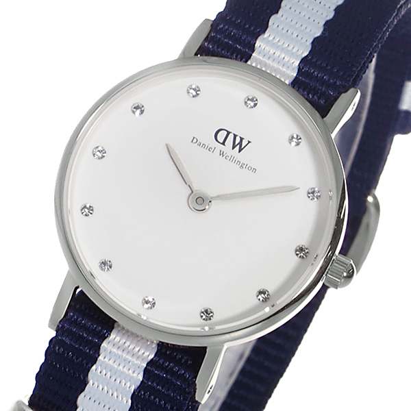 Daniel Wellington Classy Glasgow watch showing white dial with crystal markers and navy-white NATO strap