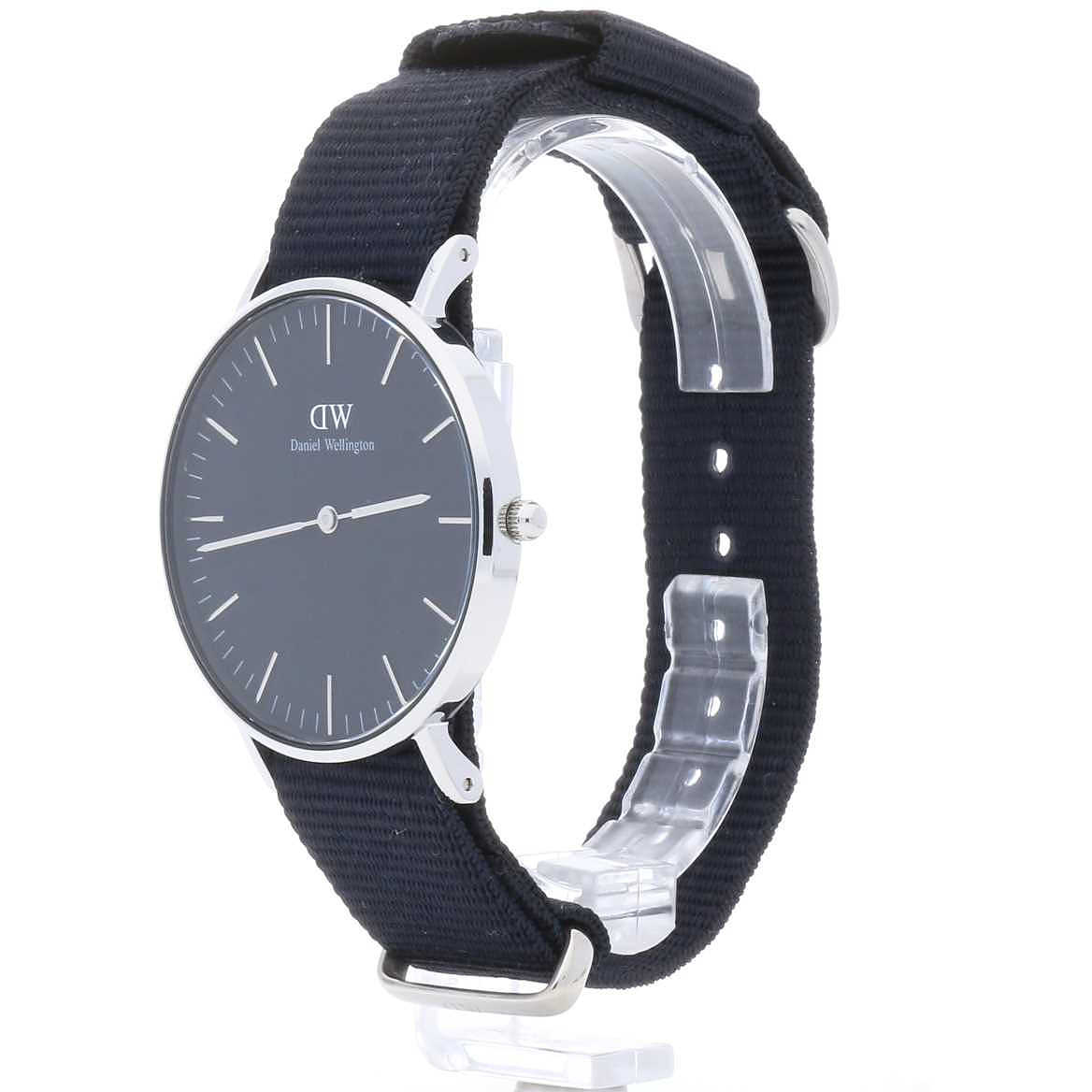 Daniel Wellington Cornwall 36mm watch side view showing silver case and black strap